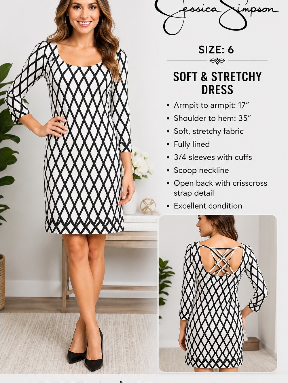 Jessica Simpson Black White Geometric Sheath Dress Crisscross Back Size 6